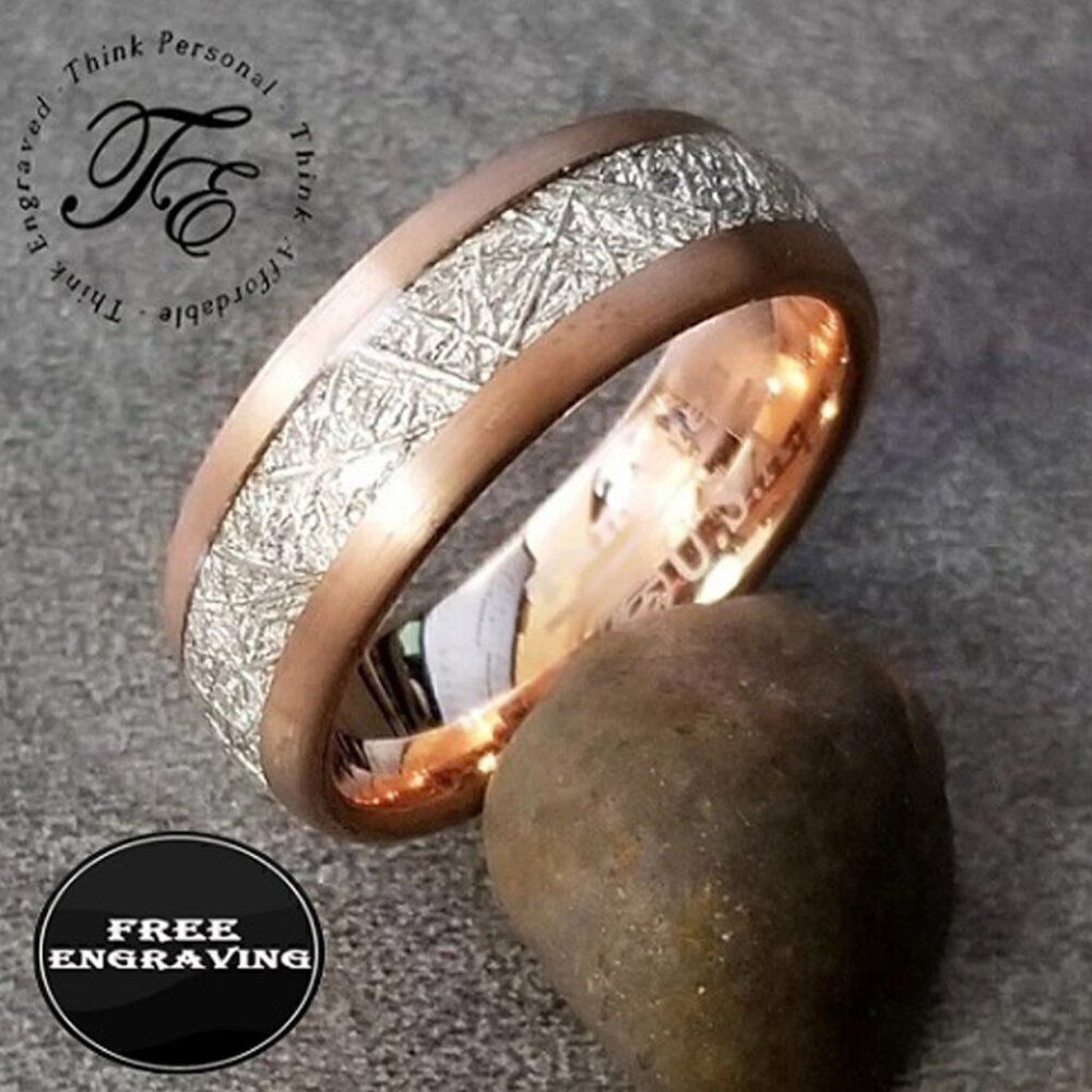 Engraved Men's Real Rose Gold Tungsten Wedding Ring Meteor Inlay 14k Rose Gold
